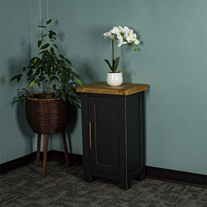 The front of the Cascais Small Black Cupboard. There is a small pot of white flowers on top. There is a free standing potted plant next to the cupboard.