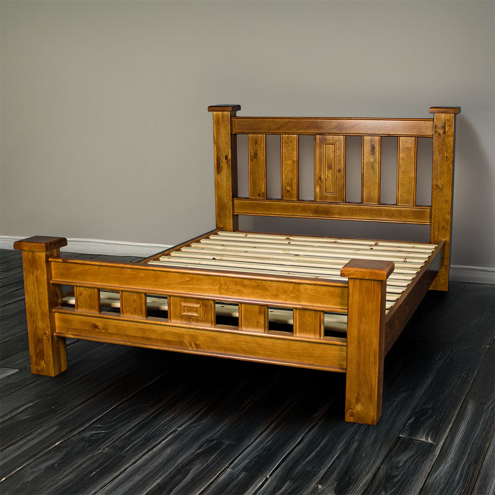 Overall view of the Rimu stained Jamaica King Size Slat Bed Frame