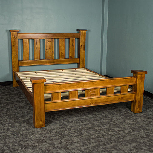 Overall view of the Rimu stained Jamaica Queen Size Slat Bed Frame
