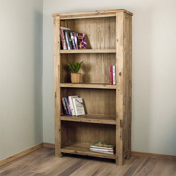 The front of the Mars Large Bookcase, there are books on each shelf, with a potted plant on the second from the top.