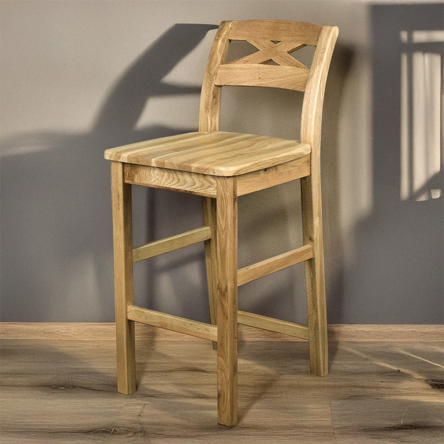 The front of the Maximus Oak High Bar Stool