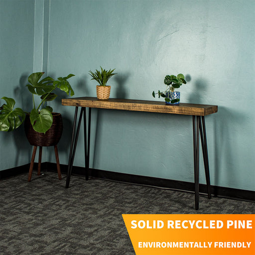 Front view of the Paddington Recycled Pine Hall Table. There are two potted plants on top and a free standing potted plant next to it.