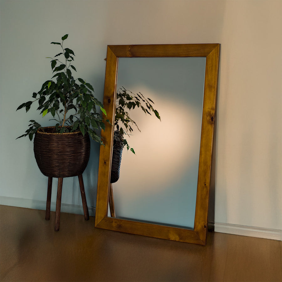 The front of the Trent NZ Pine Mirror. There is a potted plant next to it.