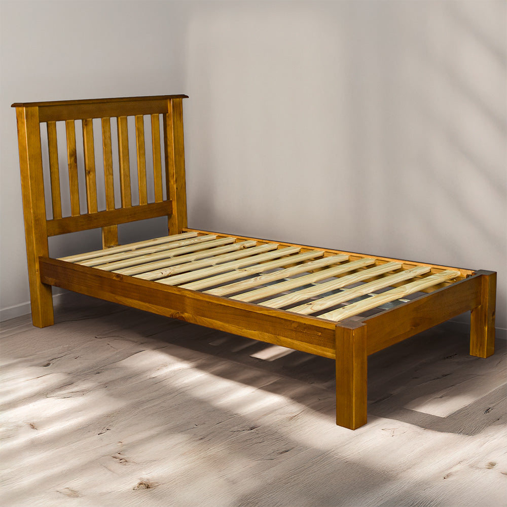 An overall view of the Trent Single Size NZ Pine Slat Bed Frame.