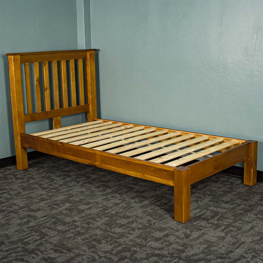 An overall view of the Trent Single Size NZ Pine Slat Bed Frame.