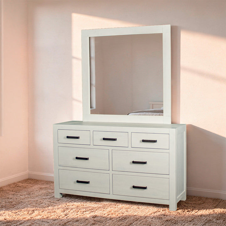 Vancouver 7 Drawer NZ Pine Dresser & Mirror (White)