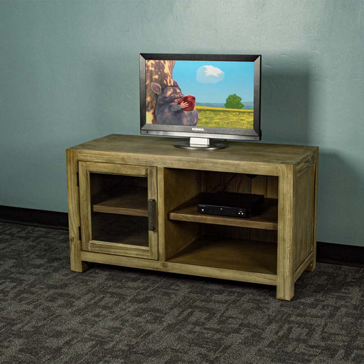 The front of the Vancouver NZ Pine Entertainment Unit / TV Unit. There is a small TV on top and a DVD player on the open shelf.