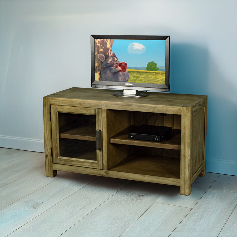 The front of the Vancouver NZ Pine Entertainment Unit / TV Unit. There is a small TV on top and a DVD player on the open shelf.