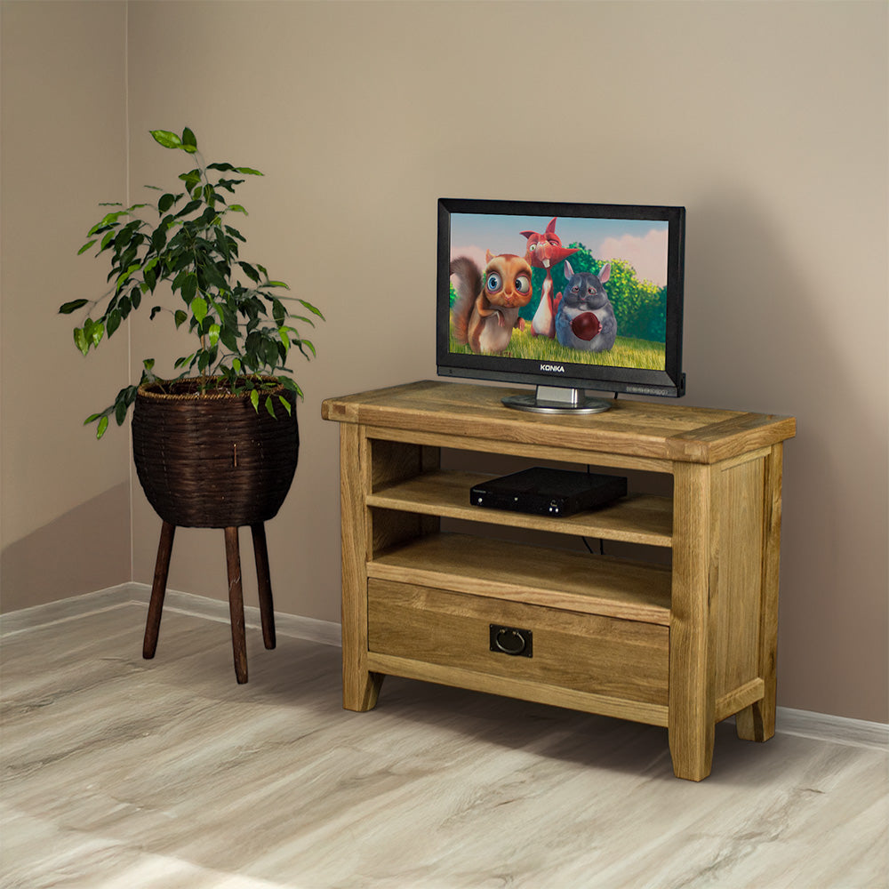 The front of the Vancouver Value Oak Entertainment Unit There is a DVD player on the top shelf. There is a free standing potted plant next to the TV unit.