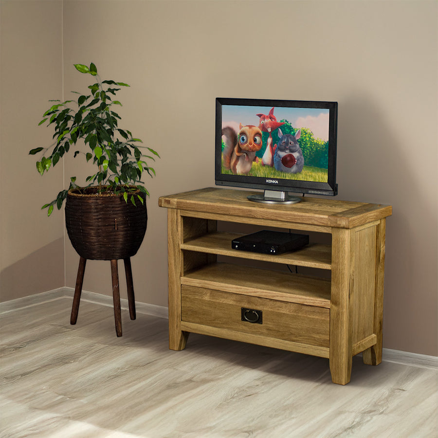 The front of the Vancouver Value Oak Entertainment Unit There is a DVD player on the top shelf. There is a free standing potted plant next to the TV unit.