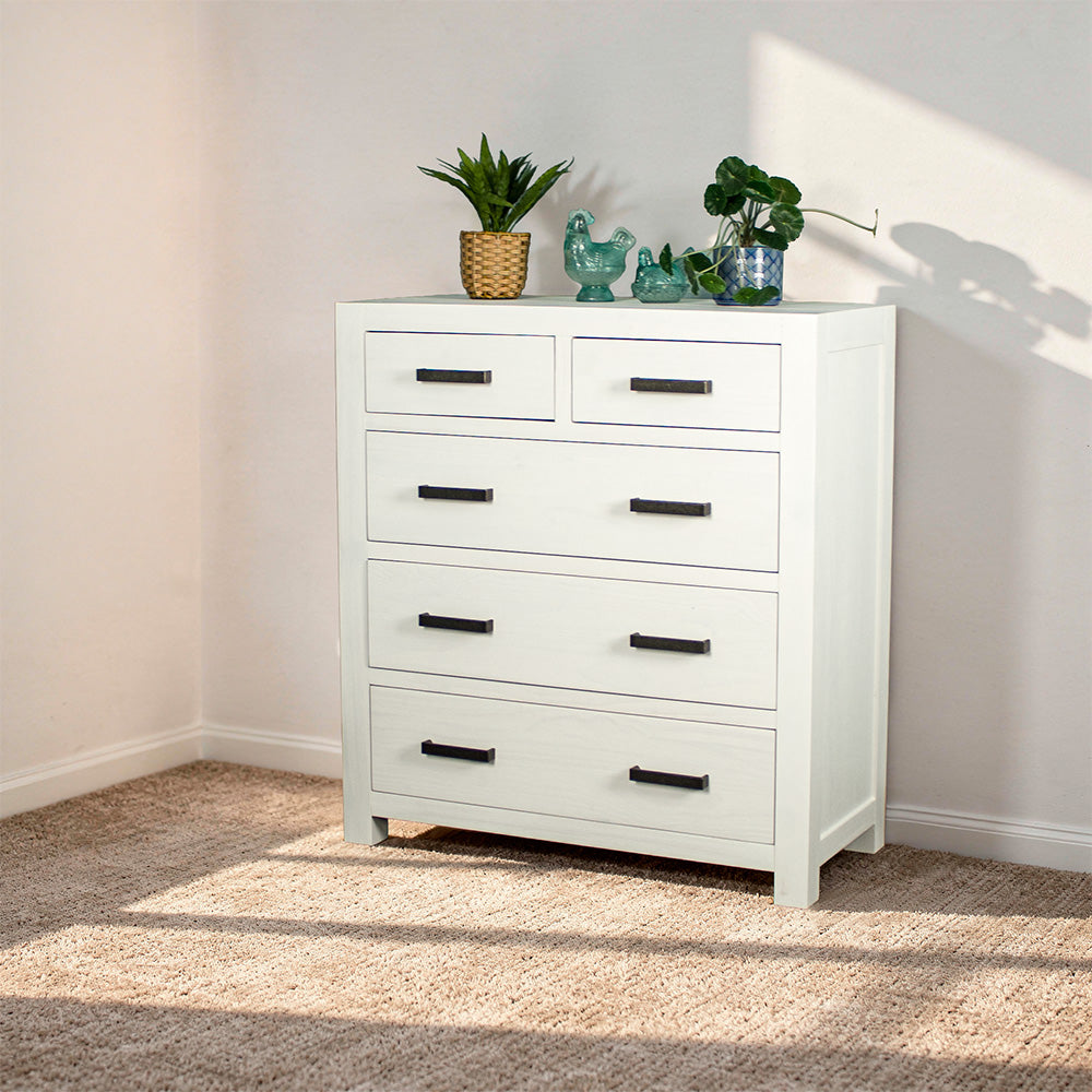 Vancouver Five Drawer White NZ Pine Tallboy