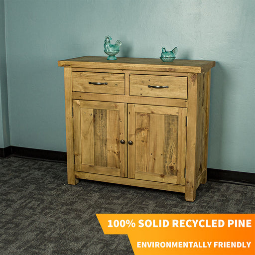 Front of the Ventura Recycled Pine Buffet. There are two blue glass ornaments on top.