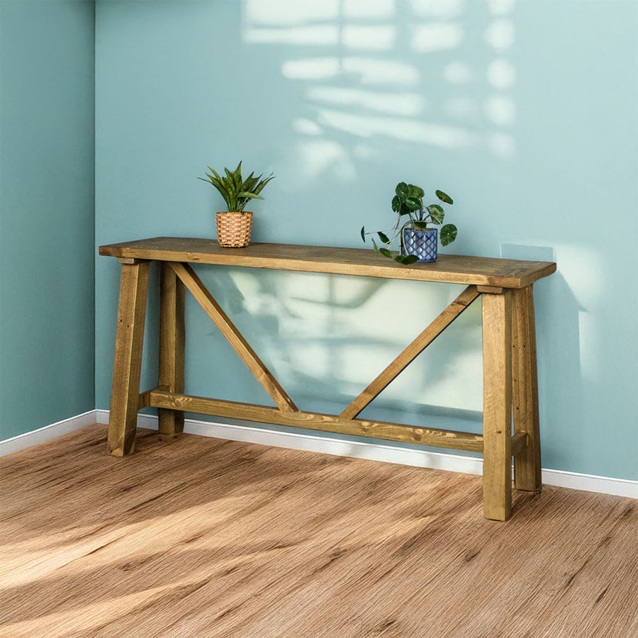 Front of the Ventura Recycled Pine Hall Table. There are two potted plants on top.