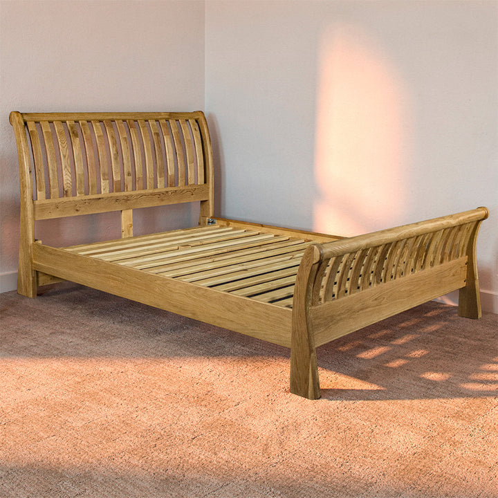 Vienna Oak Queen Size Mermaid Sleigh Slat Bed Frame