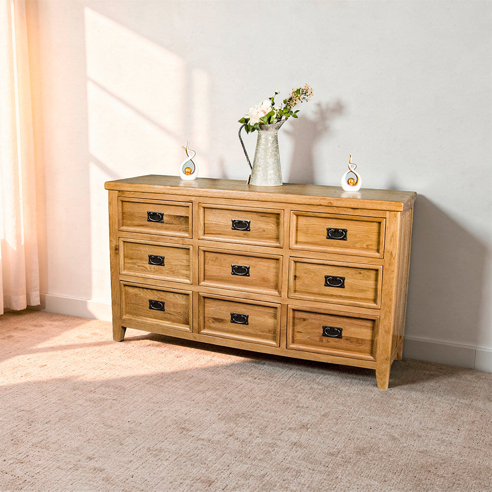 Yes 9 Drawer Oak Lowboy