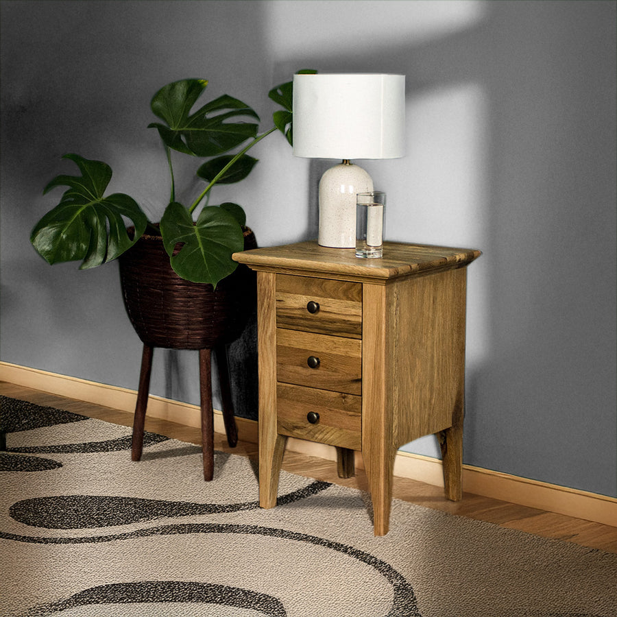 The front of the Beethoven Oak Bedside Table with 3 Drawers. There is a free standing potted plant next to it. There is a lamp and glass of water on top.