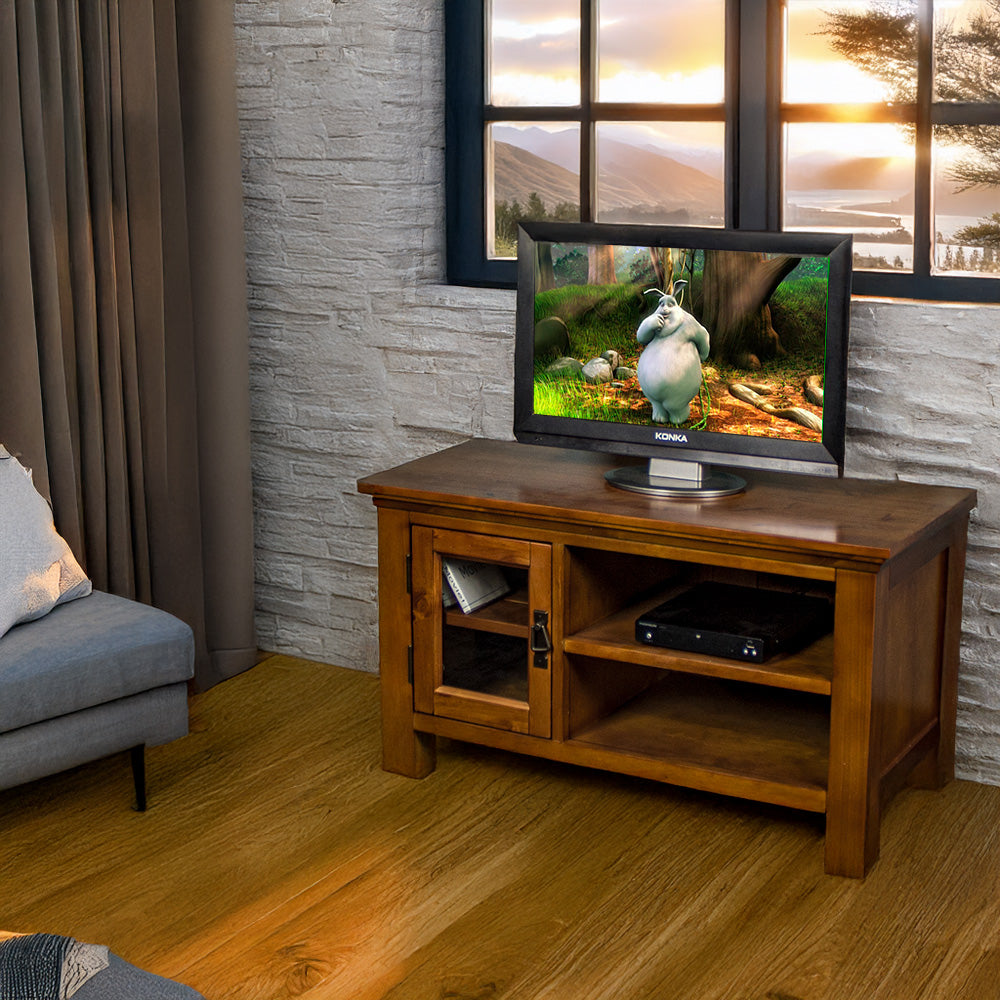 The front of the Montreal Small Entertainment Unit, with a small TV on top. There is a DVD player on the top shelf, and a free standing potted plant next to the unit.