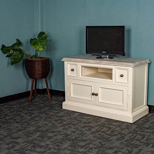 The front of the Biarritz Compact TV Unit. There is a small TV on top. There is a free standing potted plant next to it.