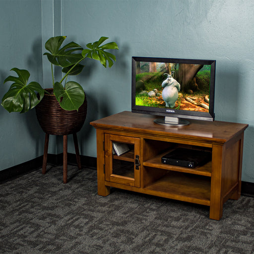 The front of the Montreal Small Entertainment Unit, with a small TV on top. There is a DVD player on the top shelf, and a free standing potted plant next to the unit.