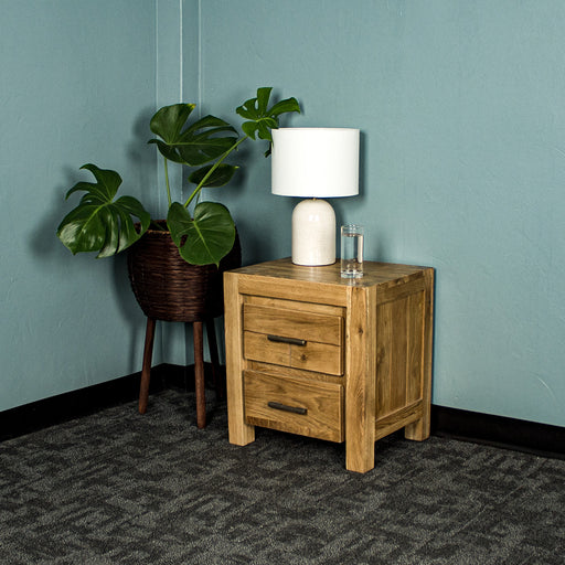 The front of the Amalfi 2-Drawer Oak Bedside. There is a free standing potted plant next to it. There is a lamp and a small glass of water on top.