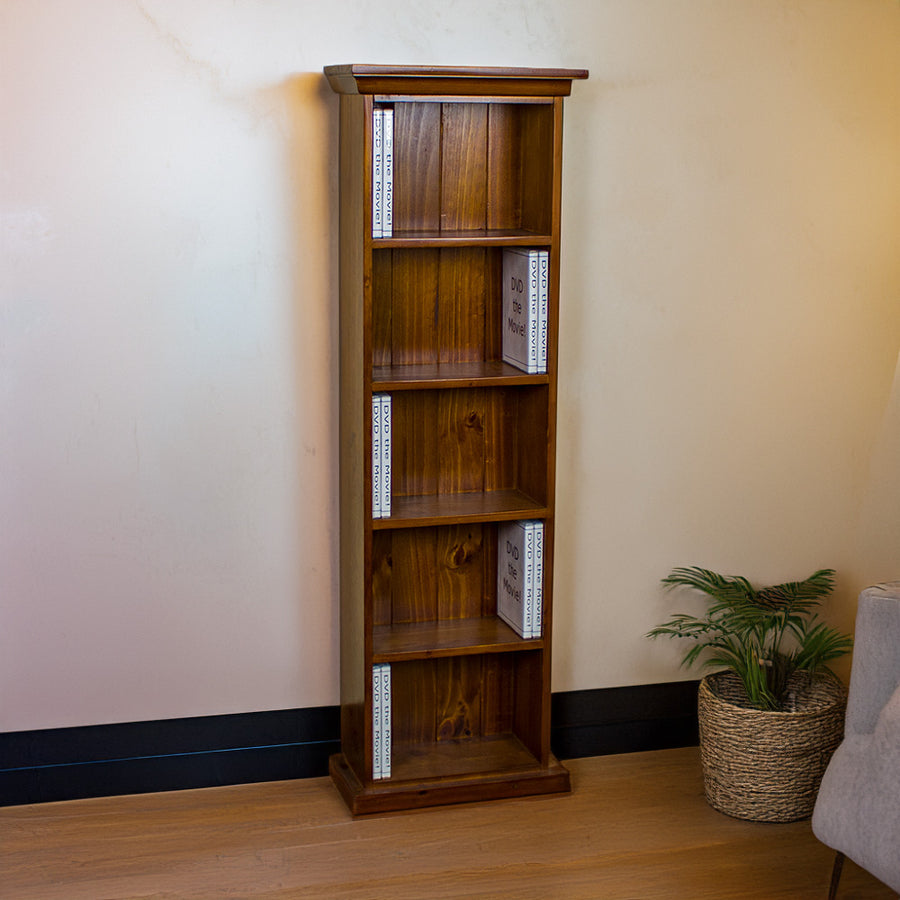 The front of the Montreal Pine DVD Rack. There are DVD cases on all of the shelves.