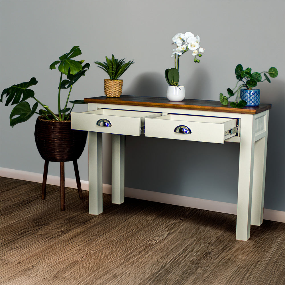Open drawers on the white Alton 2 Drawer Pine Hall Table