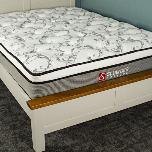 A closer shot of the Alton Double Bed + Euro Top Pocket Spring Mattress Combo, showing the footboard.