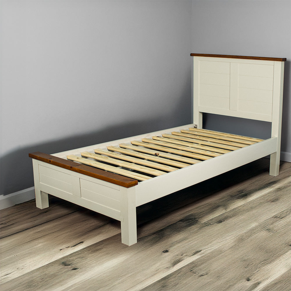 The Alton Single NZ Pine Slat Bed Frame without a mattress.