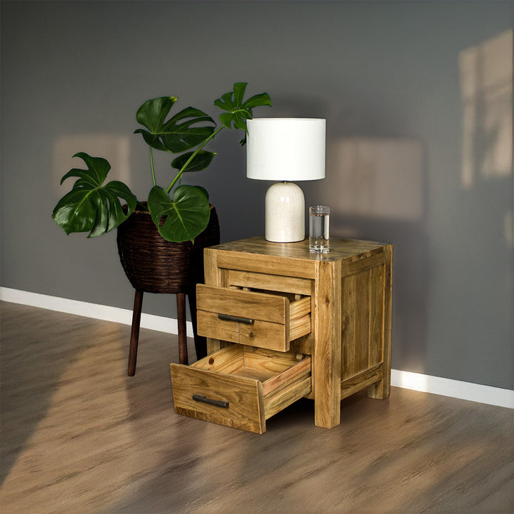 The front of the Amalfi 2-Drawer Oak Bedside with its drawers open. There is a free standing potted plant next to it. There is a lamp and a small glass of water on top.