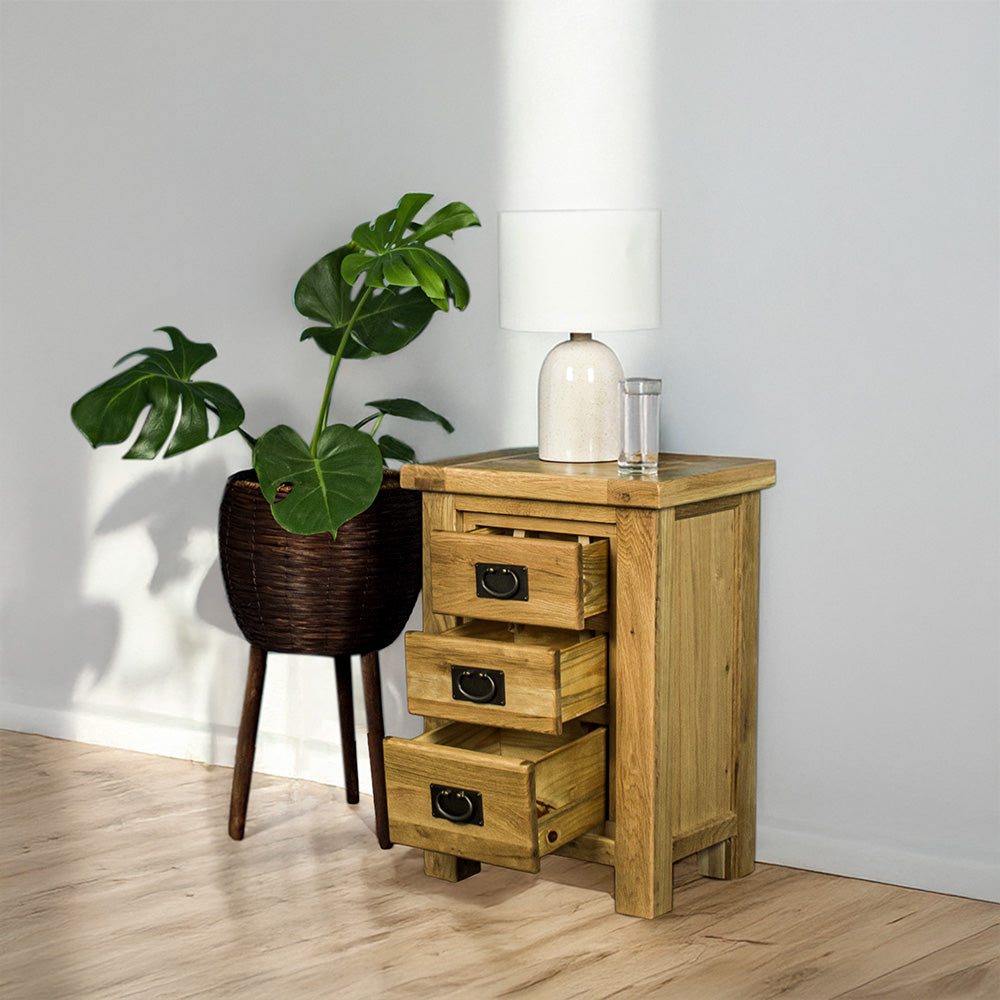 The front of the Amstel Oak Bedside Table with its drawers open. There is a free standing potted plant next to it. There is a lamp and a glass of water on top.