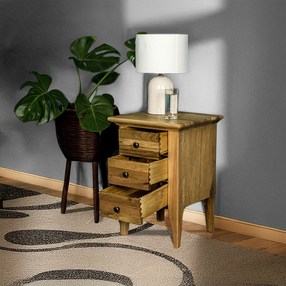 The front of the Beethoven Oak Bedside Table with its 3 Drawers open. There is a free standing potted plant next to it. There is a lamp and a glass of water on top.