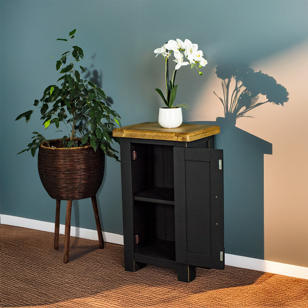 The front of the Cascais Small Black Cupboard with its door open. There is a small pot of white flowers on top. There is a free standing potted plant next to the cupboard.