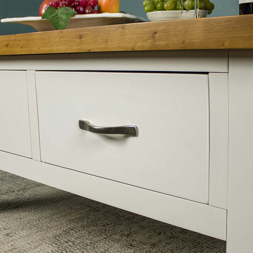 A close up of the silver metal handle on the Felixstowe Coffee Table.