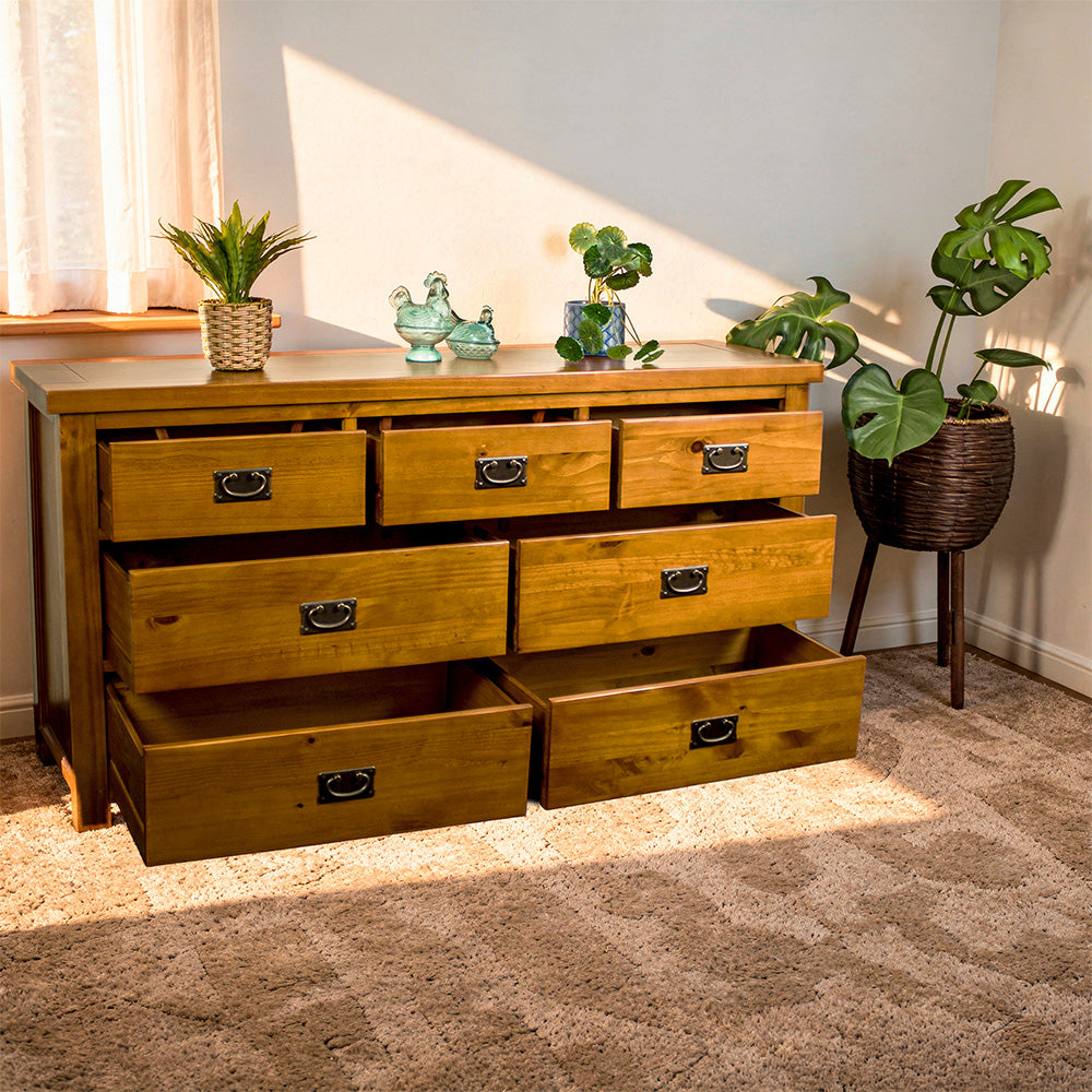 The front of the New Quebec 7 Drawer Lowboy with its drawers open.
