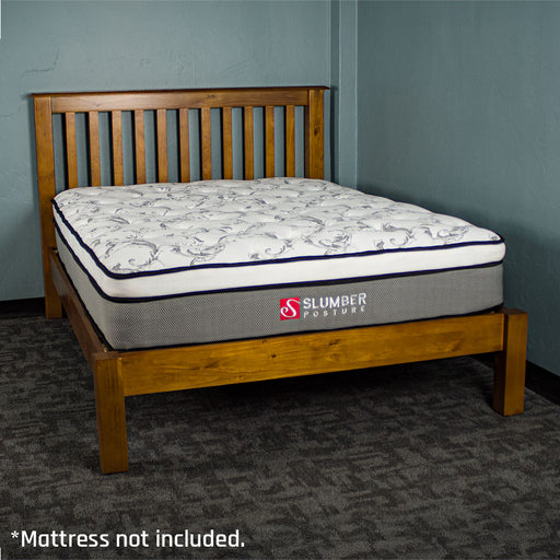 The Trent Double Size NZ Pine Slat Bed Frame with a Euro Top Pocket Spring Mattress on top.