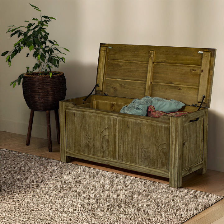 The front of the Vancouver NZ Pine Blanket Box with the top open. There is a free standing potted plant next to it.