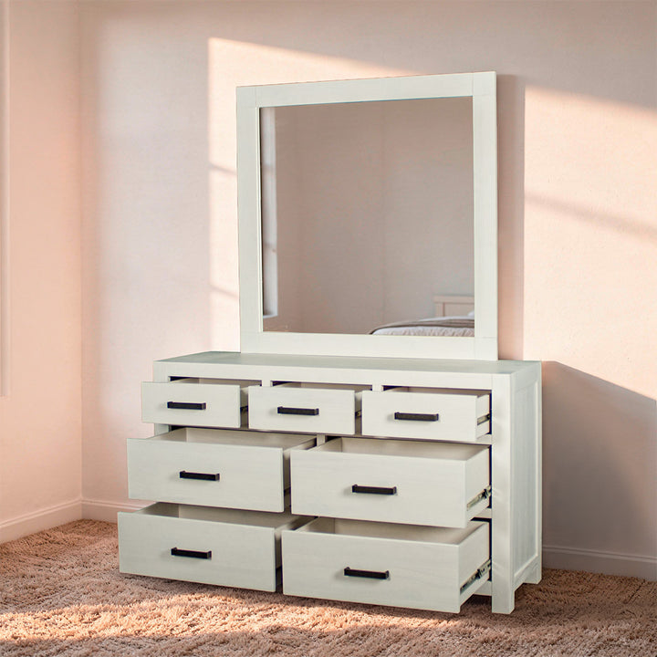 Vancouver 7 Drawer NZ Pine Dresser & Mirror (White)