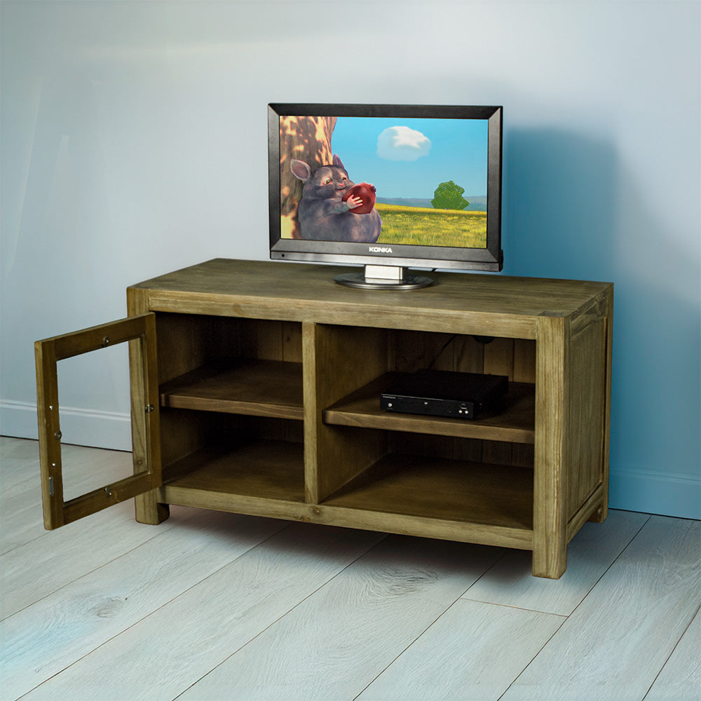 The front of the Vancouver NZ Pine Entertainment Unit / TV Unit with its door open. There is a DVD player on the open shelf.