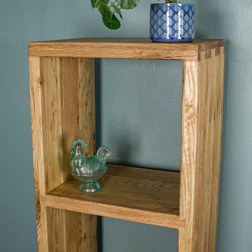 A closer view of the top shelf, with a blue glass ornament sitting on it, and a potted plant on top of the unit.