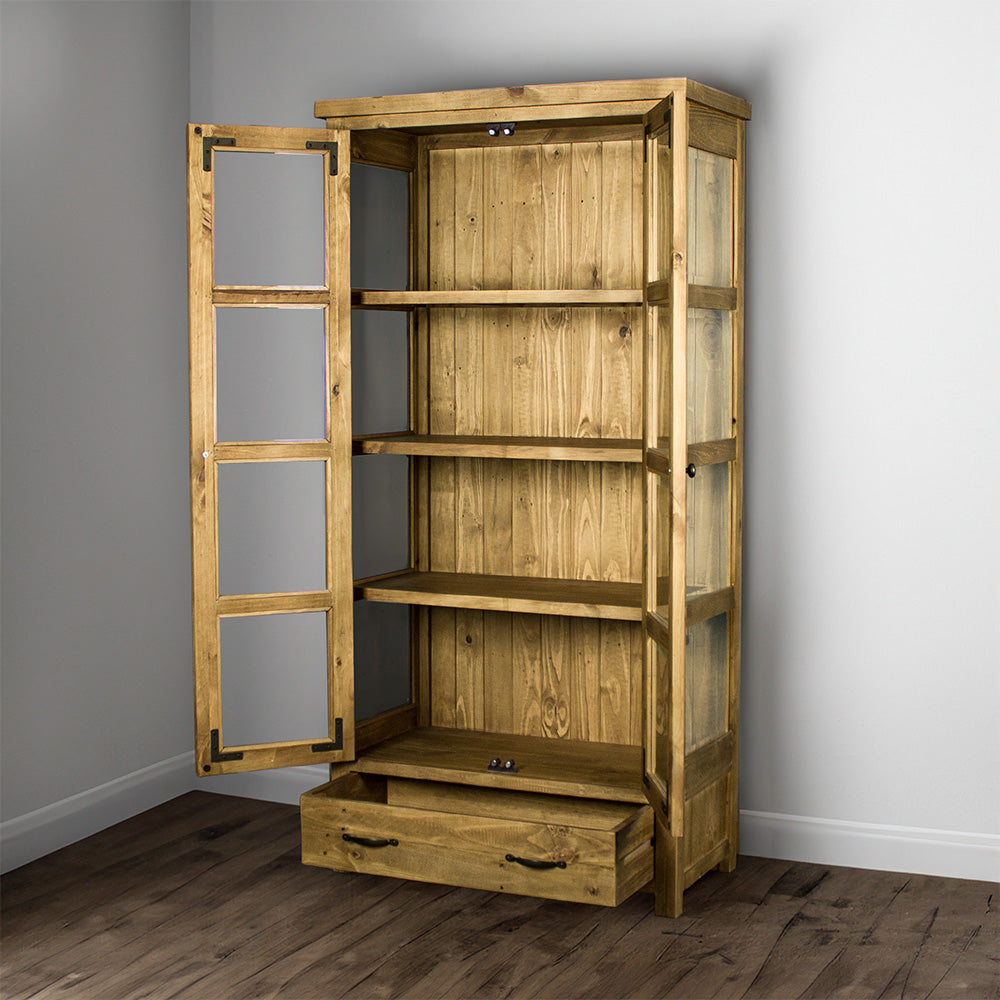 The front of the Ventura Recycled Pine Display Cabinet with its doors and drawer open