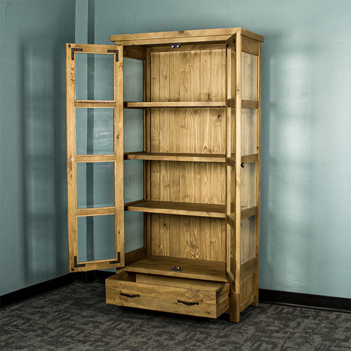 The front of the Ventura Recycled Pine Display Cabinet with its doors and drawer open
