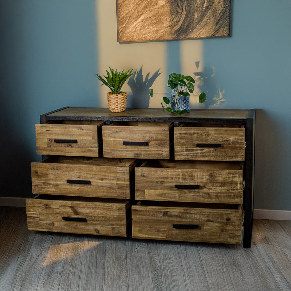 Front of the Victor 7 Drawer Lowboy with its drawers open. There are two potted plants on top.