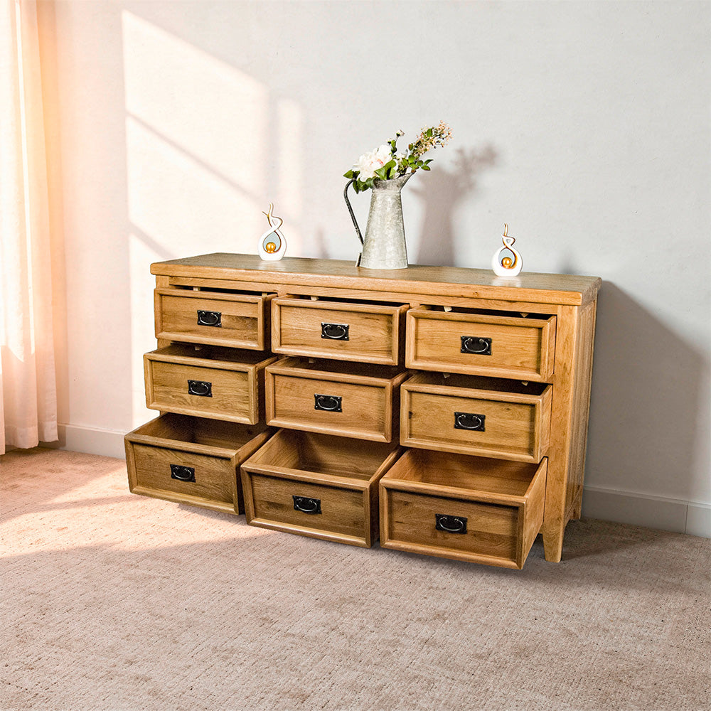 Yes 9 Drawer Oak Lowboy