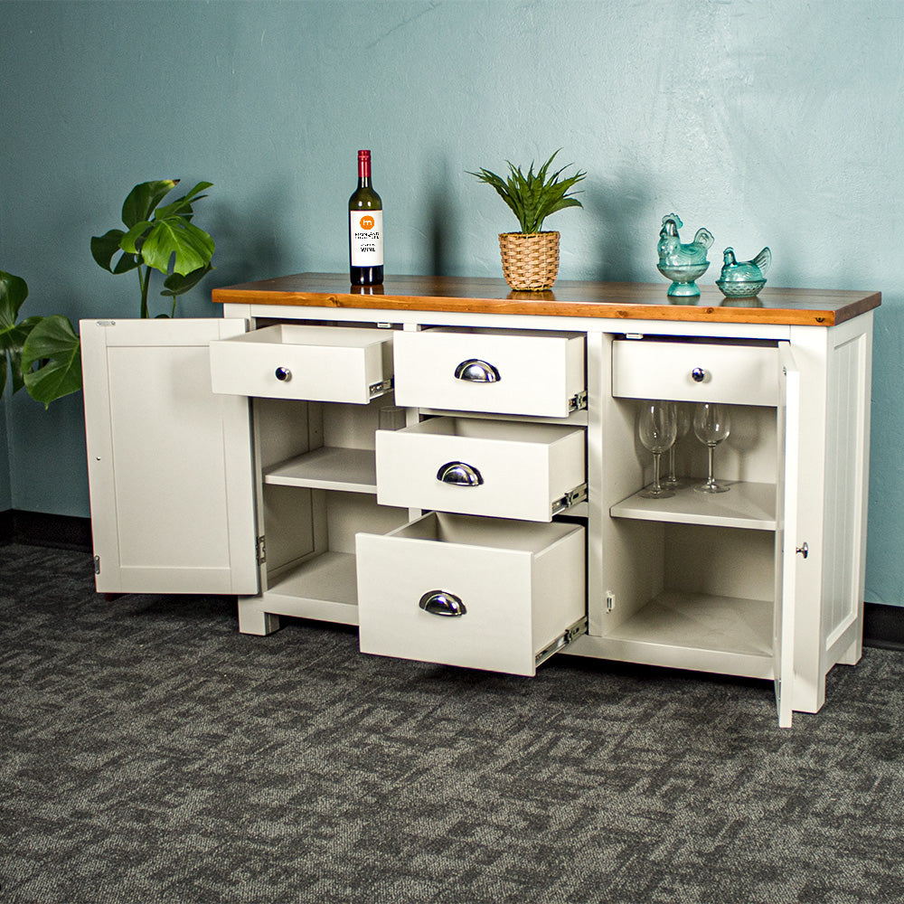 The doors are open on the white Alton 2 Door 5 Drawer Buffet, showing the two hidden drawers. The main three drawers in the middle are also open.