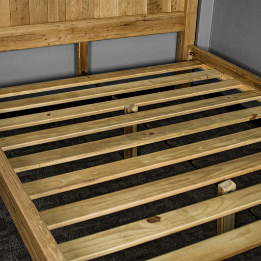 A closer view of the slats on the Amalfi Oak Queen Bed Frame.