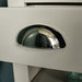 Close up of the silver circular metal chrome handle on the Alton Hall Table with 2 Drawers