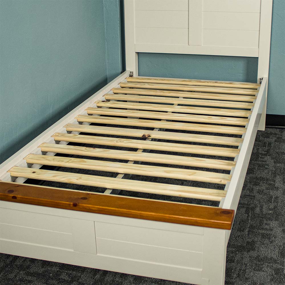 A closer view of the Alton King Single NZ Pine Slat Bed Frame's slats.