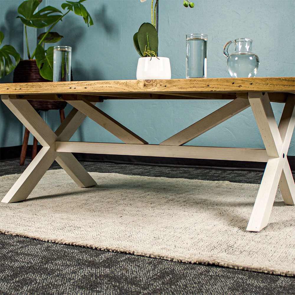 The middle of the Byron Recycled Pine Coffee Table, showing the support bar and braces in the middle.