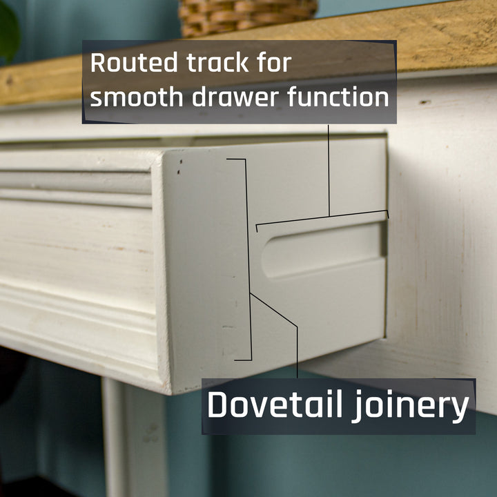 Side of the drawer of the Byron Recycled Pine Hall Table showing the free flowing runners.