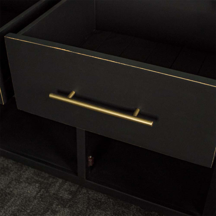 A close up of the gold coloured metal handle on the Cascais Oak-Top Two Drawer Buffet.